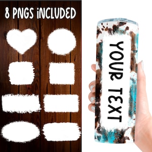 May include: Eight white blank shapes, including a heart, circles, and rectangles, on a brown wood background. A white rectangle with the text "YOUR TEXT" on a brown and blue tie-dye tumbler.