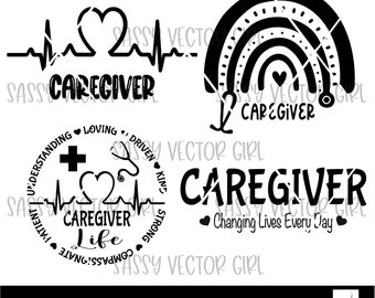 Op de afbeelding: Zwart-wit digitaal ontwerp met het woord 'Caregiver' met een hartslaglijn, een hart en een stethoscoop. Het ontwerp bevat ook een regenboog met een hart bovenaan en de woorden 'Caregiver' onderaan. De woorden 'Changing Lives Every Day' zijn ook in het ontwerp opgenomen.