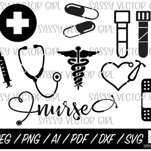 Pacchetto SVG infermiera, file clipart medici, file tagliati infermiera, download digitale, camicia infermiera SVG, stetoscopio, ago, pillola, png di primo soccorso