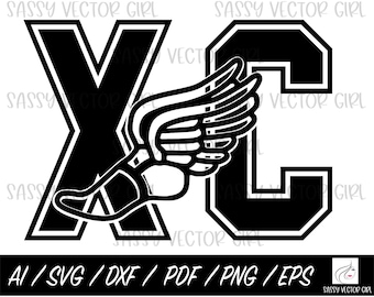 Puede incluir: Diseño gráfico en blanco y negro de las letras "XC" con un diseño estilizado de una zapatilla para correr y un ala. Las letras tienen un contorno blanco grueso.