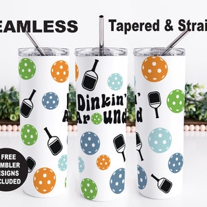 Pickleball PNG Tumbler Wrap Design, Pickleball Seamless Sublimation Design, Pickle Ball Skinny Tumbler PNG Wrap, Dinkin&#39; Around png
