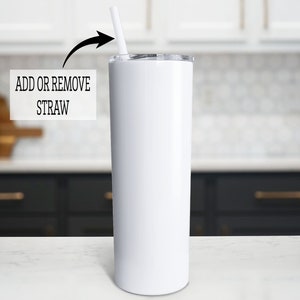 May include: White stainless steel tumbler with a lid and a straw. The text "ADD OR REMOVE STRAW" is visible in the image.