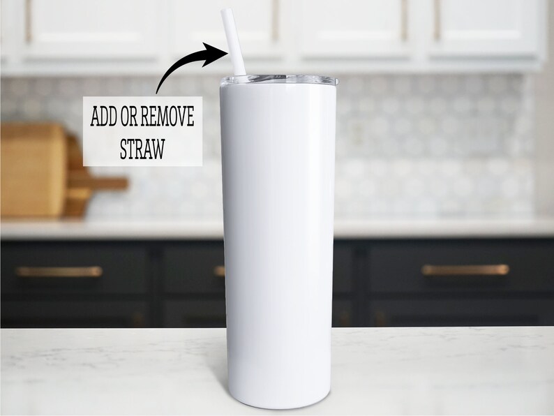 May include: White stainless steel tumbler with a lid and a straw. The text "ADD OR REMOVE STRAW" is visible in the image.