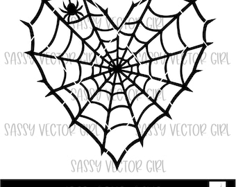 Può includere: Un disegno a forma di cuore di ragnatela nera con un ragno in cima. L'immagine include il testo "JPEG / PNG / SVG" in basso e le parole "SASSY VECTOR GIRL" ripetute.