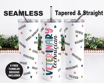Puede incluir: Tres vasos de acero inoxidable blancos con una variedad de palabras positivas y corazones impresos en ellos. Los vasos están etiquetados como "Técnico Veterinario" e incluyen las palabras "positivo", "trabajador", "leal", "amable", "cariñoso", "fiable", "dedicado", "paciente", "amoroso", "impulsivo", "sabio", "líder", "amable", "abogado", "compasivo" y "enfocado".