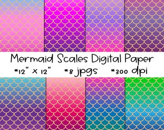 Mermaid Digital Paper Set, Mermaid Scales Digital Background Bundle, Gradient Backgrounds, Gold Glitter Ombre Background, Scrapbooking