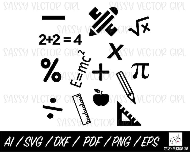 May include: Black and white vector illustrations of math symbols, including a plus sign, minus sign, multiplication sign, division sign, percentage sign, square root symbol, pi symbol, a pencil, a ruler, a protractor, an apple, and the equation E=mc&sup2;.