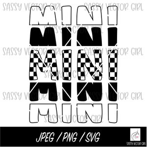 May include: Black and white graphic design of the word "MINI" repeated five times. Each letter is styled differently, with the third "MINI" featuring a checkered pattern.