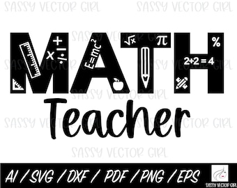 May include: Black and white graphic design with the word "MATH" in large letters. The letters are decorated with math symbols, such as a plus sign, a ruler, a pencil, a square root symbol, a pi symbol, and a percentage sign. The word "Teacher" is written in a cursive font below the word "MATH".