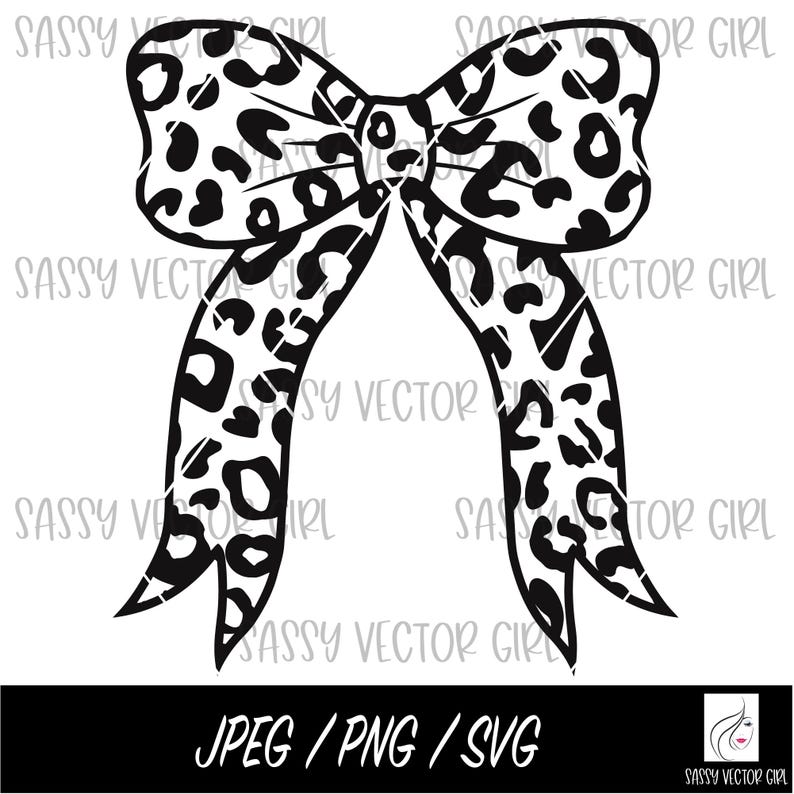 May include: A black and white leopard print bow illustration. The bow has a classic shape with two long, flowing tails. The text "JPEG / PNG / SVG" is at the bottom of the image.