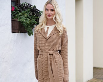 Kardigan z wełny merynosów - Elegancki kardigan z wełny merynosów - Długi kardigan z wełny merynosów - Elegancki kardigan z wełny merynosów - Damski kardigan z wełny merynosów