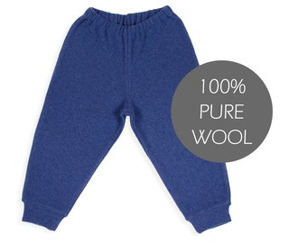 May include: Blue 100% pure wool pants for a baby or toddler. The pants have a drawstring waistband and cuffed legs.
