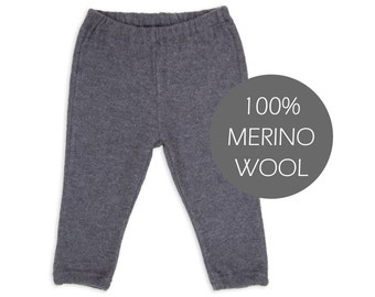 May include: Gray baby leggings made from 100% merino wool.