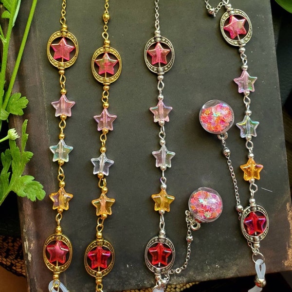 Cadena para gafas Pride Stars / Cuentas de estrellas lésbicas / Cadena para gafas de oro y plata / Caprichosa / Estrellas de burbujas / Bonito regalo celestial
