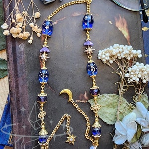 Wizard Prodigy Gold Eyeglass Chain | Czech Crystals | Sapphire Crystal | Lavender Stone | Gold Witch Chain for Glasses | Goth Celestial Gift