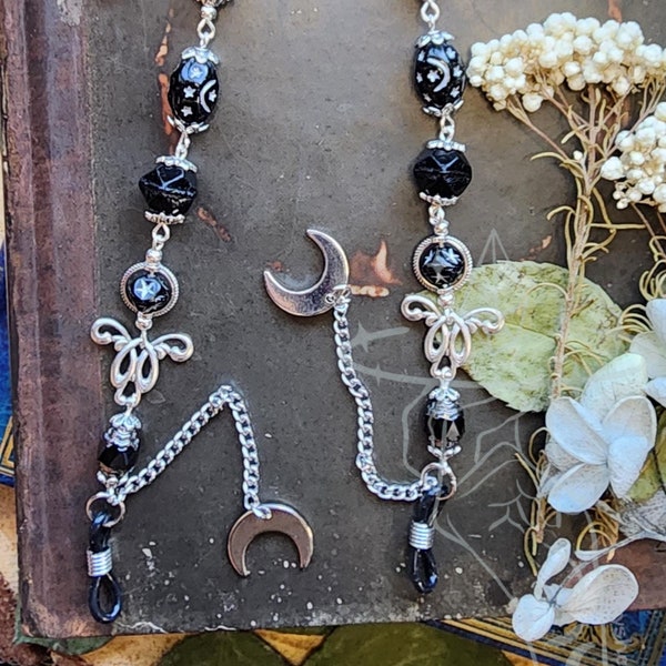Cadena para gafas de plata Moon Mistress / Cristales checos / Cristal negro / Fantasía oscura / Cadena de bruja para gafas / Regalo celestial gótico