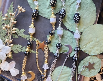 Black Whimsical Eyeglass Chain | Czech Crystals | white opal Crystal | Moon Sun and Stars | Witch Chain for Glasses | Goth Celestial Gift