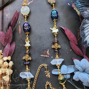 Walk in the Forest Gold Eyeglass Chain | Czech Crystal | Natural stone Beads | Snake Bones | Moon and Stars | Witch Chain for Glasses Gift