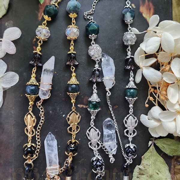 Chaîne de lunettes en argent doré scarabée mystique | Cristal tchèque | Agate mousse | Cristal de quartz | Chaîne éthérée pour lunettes | Cadeau céleste fantastique