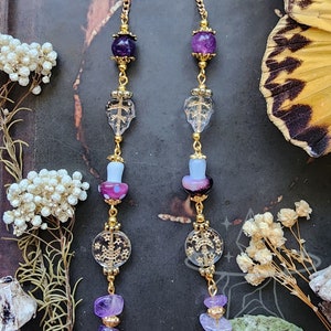 Amethyst Purple Mushroom Gold Eyeglass Chain | Czech Crystals | Amethyst Crystal |Moon and Stars | Witch Chain for Glasses | Celestial Gift