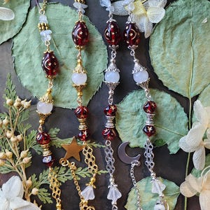 Red Garnet Whimsical Eyeglass Chain | Czech Crystals | white opal Crystal | Moon Sun and Stars | Witch Chain for Glasses | Celestial Gift