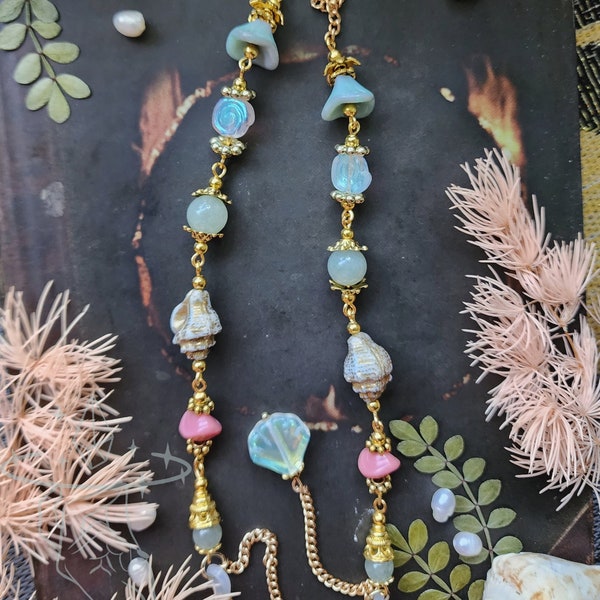 Sea Nymph Gold Eyeglass Chain | Sage Green Jade Beads | Calypso Amphitrite Goddess | Fantasy Chain for Glasses | Mermaidcore Summer Gift