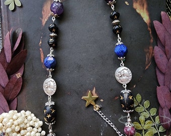 Silver and Gold Whimsigothic Eyeglass Chain | Matte Black Crystal | Moon Sun and Stars | Witch Chain for Glasses | Goth Celestial Gift