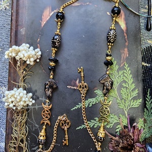 Keys of the Underworld Gold Eyeglass Chain | Hekate | Obsidian Crystal Beads | Moon Goddess | Dark Witch Chain for Glasses | Gothic Gift