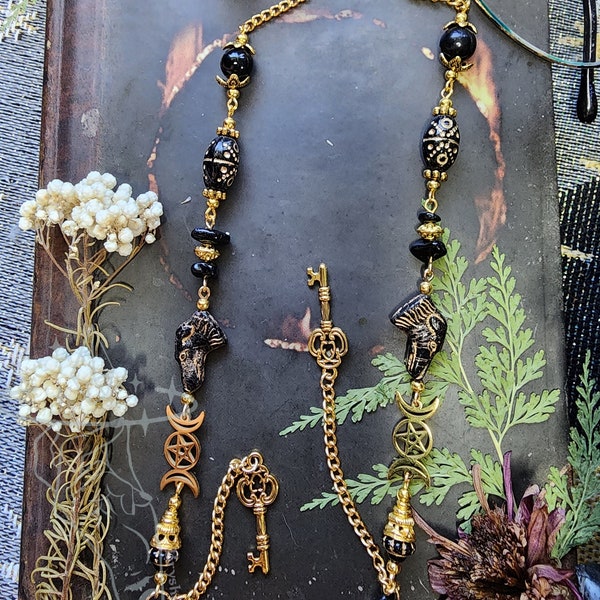 Hekate Gold Eyeglass Chain | Czech Crystal | Obsidian Crystal Beads | Moon Goddess Deity | Dark Witch Chain for Glasses | Gothic Witch Gift