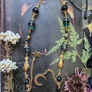 Fortune Teller Gold Eyeglass Chain | Czech Crystal | Dark Jade Beads | Whimsigothic | Gold Witch Chain for Glasses | Pretty Celestial Gift