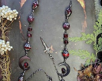 Blood Moon Gunmetal Eyeglass Chain | Czech Crystal | Red garnet Beads | Vampire blood | Dark Witch Chain for Glasses | Gothic Celestial Gift