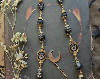 Dark Academia Eyeglass Chain | Czech Crystals | Matte Black Crystal |Moon and Stars | Gold Witch Chain for Glasses | Goth Celestial Gift
