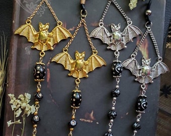 Black Bats Eyeglass Chain | Czech Crystals | Moon and Stars Beads | Gold Silver Witch Chain for Glasses | Dark Goth Vampire Celestial Gift