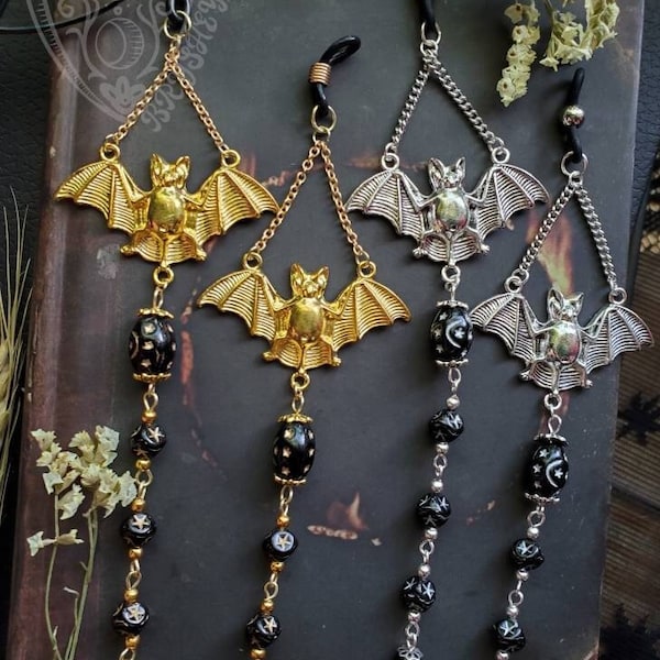 Nocturnal Flight Gold or Silver Eyeglass Chain | Czech Crystals | Moon and Stars | Chain for Glasses | Dark Goth Vampire Celestial Gift