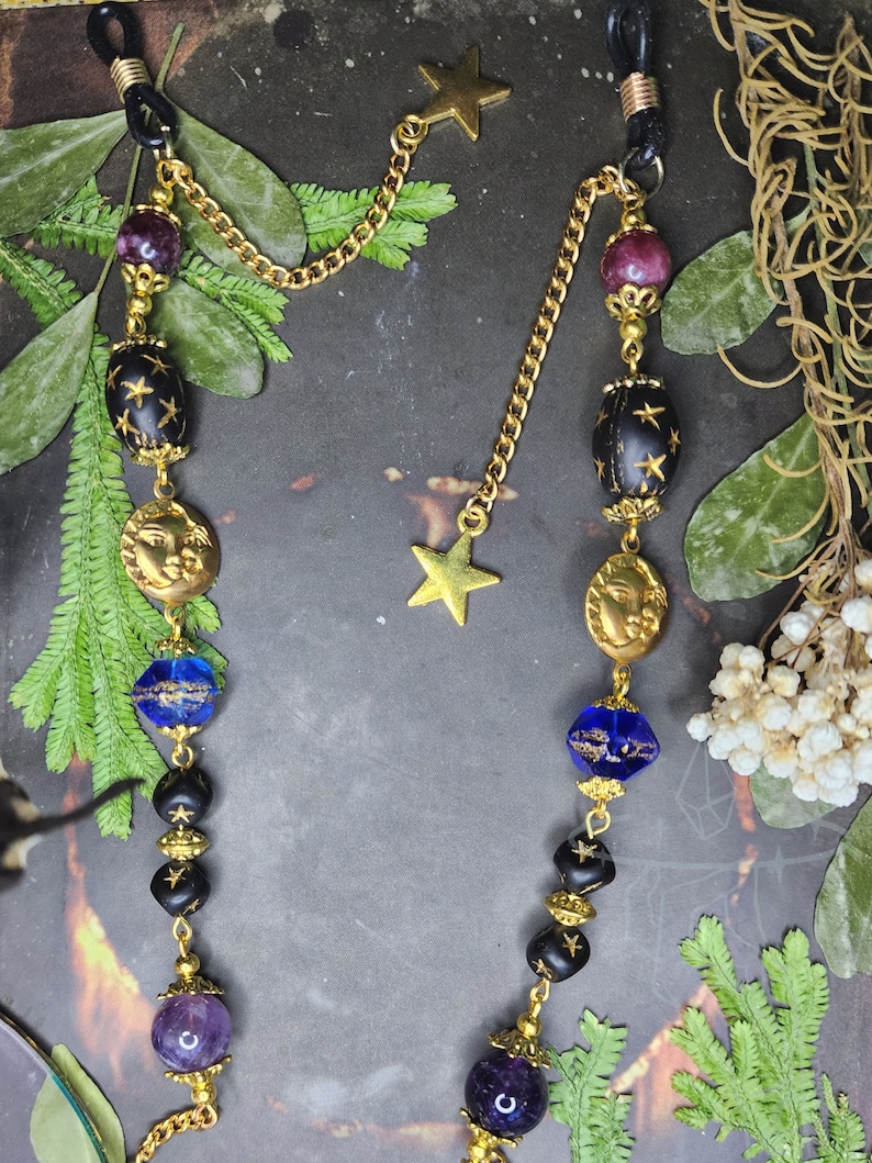 Whimsigothic Gold Eyeglass Chain | Czech Crystals | Matte Black Crystal | Moon Sun and Stars | Witch Chain for Glasses | Goth Celestial Gift image 3