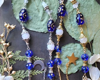 Sapphire Whimsical Eyeglass Chain | Czech Crystals | white opal Crystal | Moon Sun and Stars | Witch Chain for Glasses | Celestial Gift