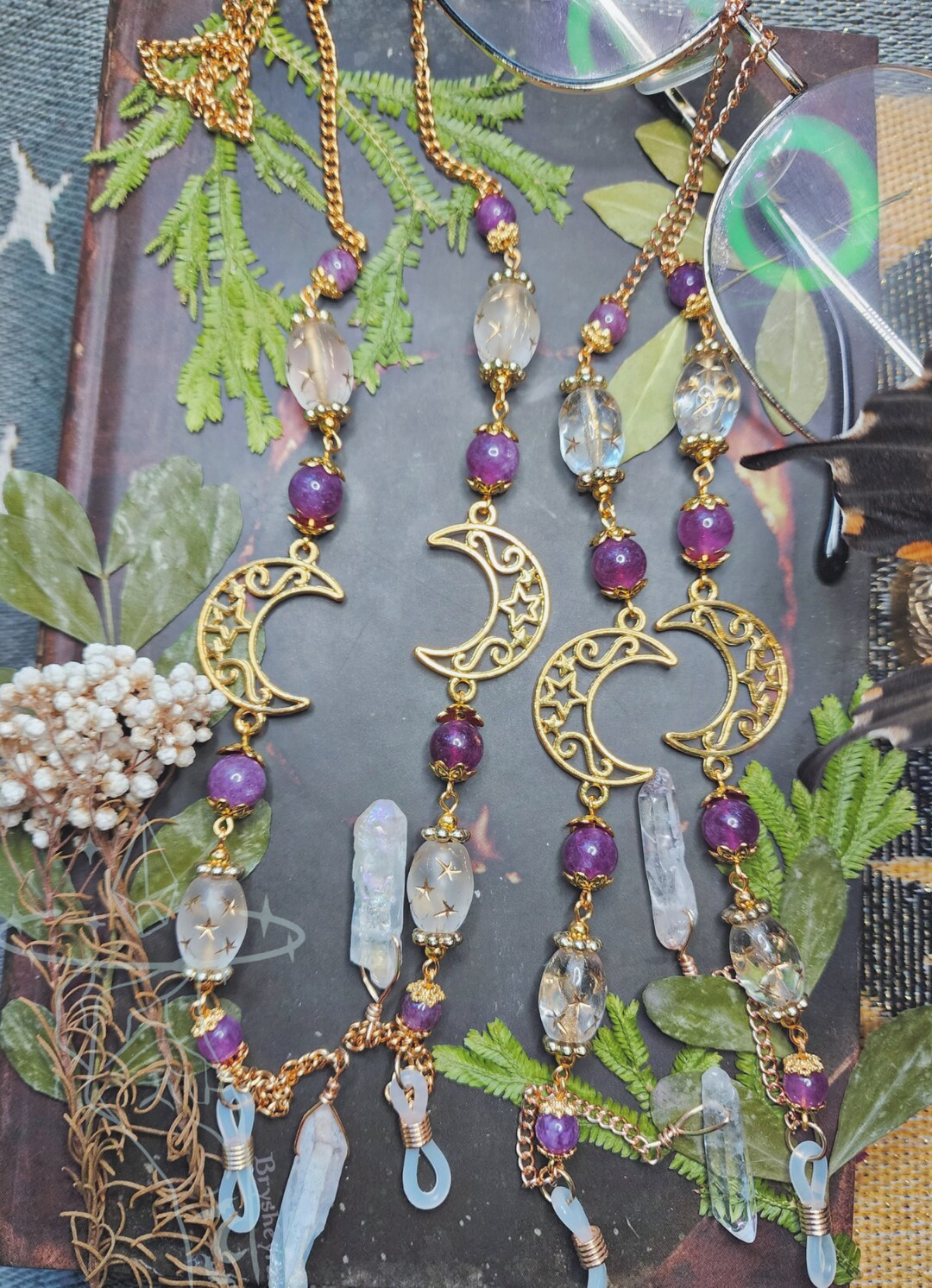 Buy Cosmic Bloom Gold Eyeglass Chain Purple Lepidolite Crystals