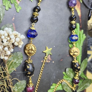 Whimsigothic Gold Eyeglass Chain | Czech Crystals | Matte Black Crystal | Moon Sun and Stars | Witch Chain for Glasses | Goth Celestial Gift image 2