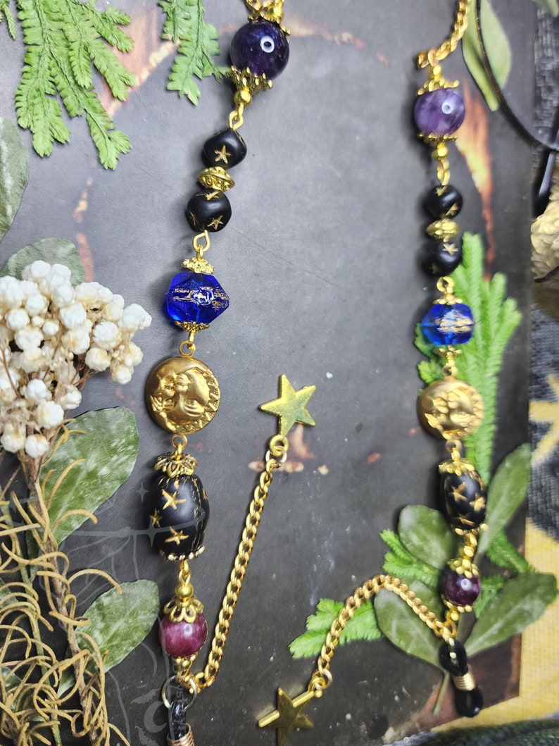 Whimsigothic Gold Eyeglass Chain | Czech Crystals | Matte Black Crystal | Moon Sun and Stars | Witch Chain for Glasses | Goth Celestial Gift image 2