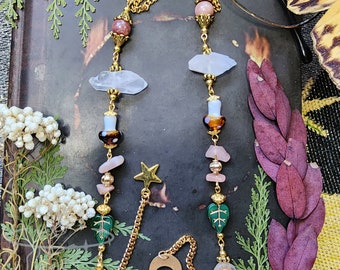 Wispy Woods Gold Eyeglass Chain | Czech Crystal | Mushroom Sunstone | Cottagecore | Gold Witch Chain for Glasses | Pretty Celestial Gift