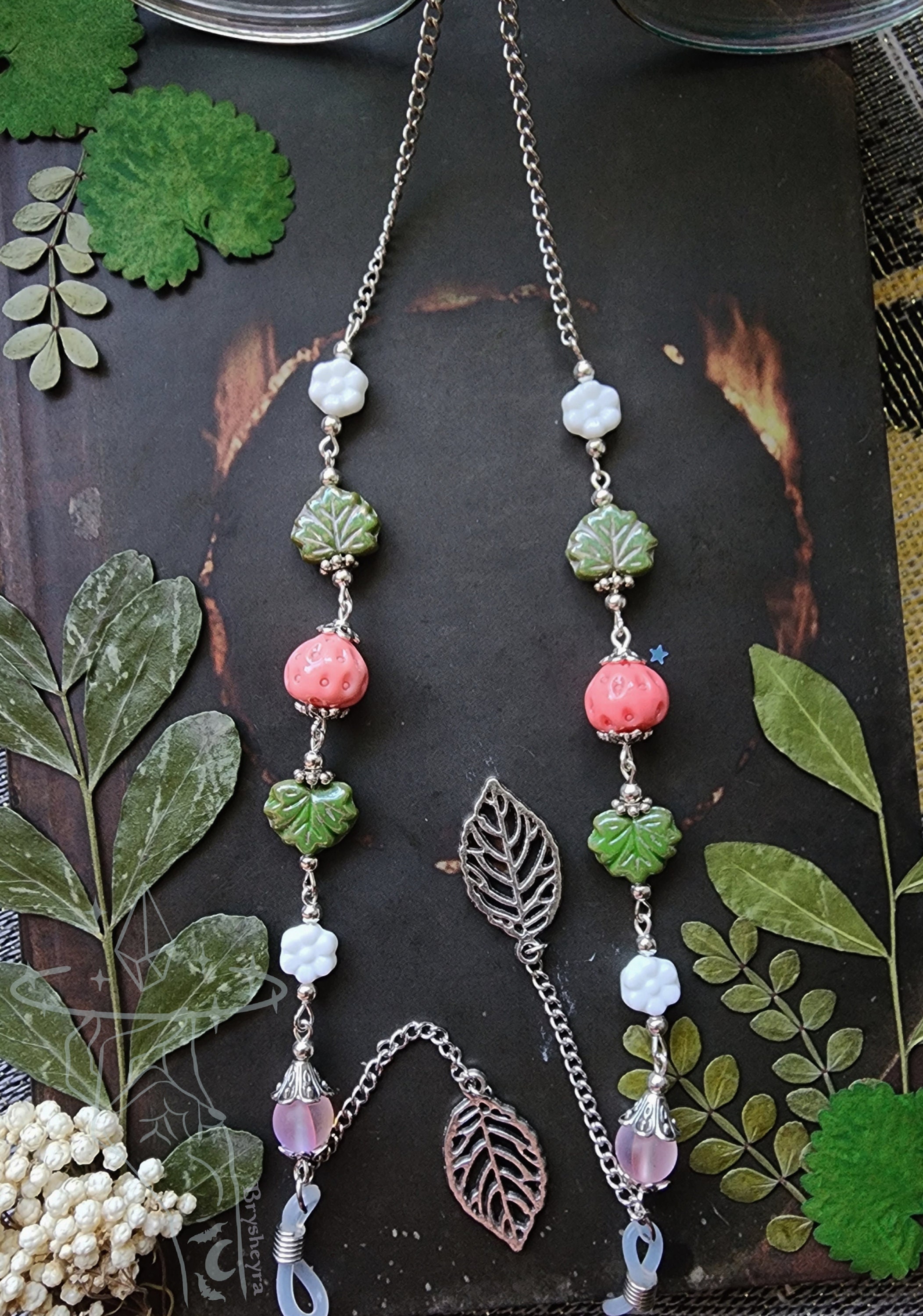 Pink Strawberry Eyeglass Chain | Czech Crystal | Opal Beads | Cottagecore | Silver Witch Chain for Glasses | Pretty Cute Celestial Gift