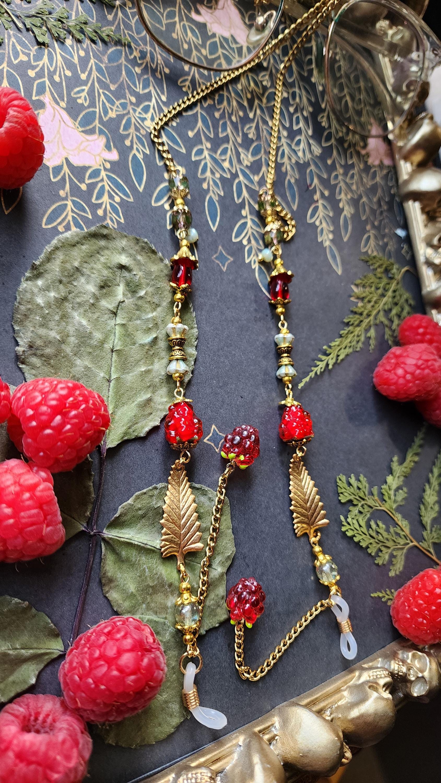 Witchcraft Raspberry Frambuesas Gold Eyeglass Chain | Red Raspberry Vines | Glass and Czech ...