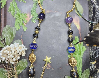 Whimsigothic Gold Eyeglass Chain | Czech Crystals | Matte Black Crystal | Moon Sun and Stars | Witch Chain for Glasses | Goth Celestial Gift