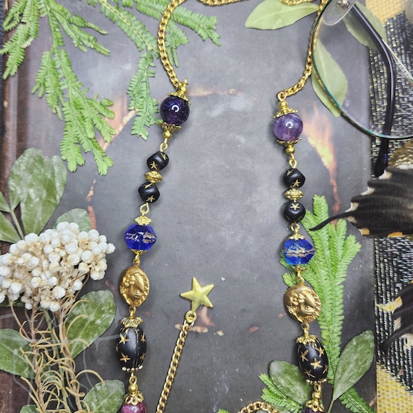 Whimsigothic Gold Eyeglass Chain | Czech Crystals | Matte Black Crystal | Moon Sun and Stars | Witch Chain for Glasses | Goth Celestial Gift