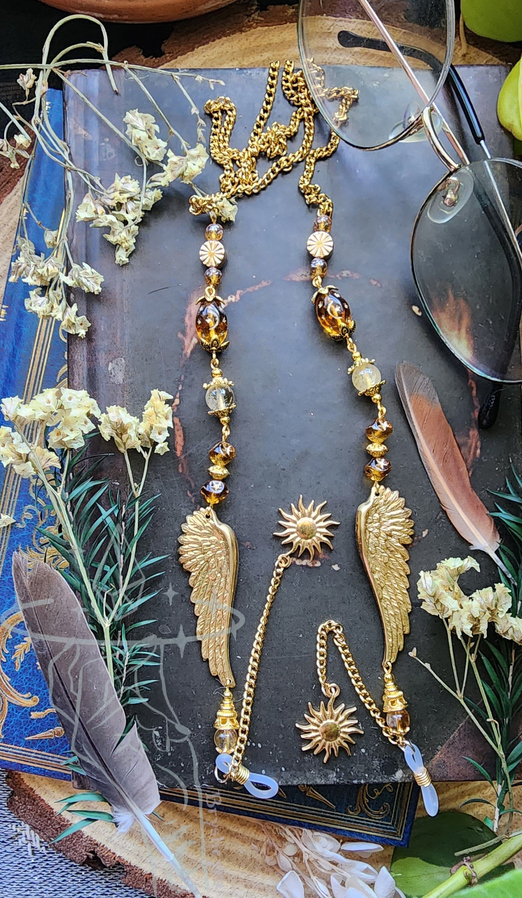 Icarus Fell in Love Gold Eyeglass Chain | Czech Crystal | Citrine Stone | Brass Wings | Gold Witch Chain for Glasses | Pretty Celestial Gift