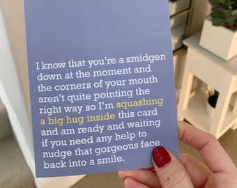 Sympathy Card: a heartfelt message 'Squashing a big hug inside' the perfect card for loss, depression, illness, divorce and difficult times