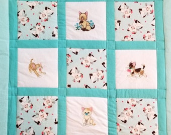 KITTENS AND CATS Embroidered Blanket Quilted Soft Flannel Kitty Quilt For Baby Daughter Niece Girl Grandchild Adult Lap Blanket for Grandma