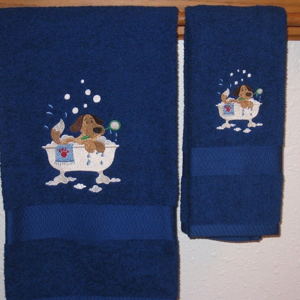 CUTE PUPPY in a Tub Bath and Hand Towel Set - Embroidered Puppy Holding a Mirror in Bathtub  - Bath and Hand Towel For Child