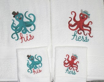 His and Hers Octopus Bath Towels - Sea Creature Towels - Fun Ocean Decor Towel Set for Wedding, Anniversary, Couples, Beach House, Seaside