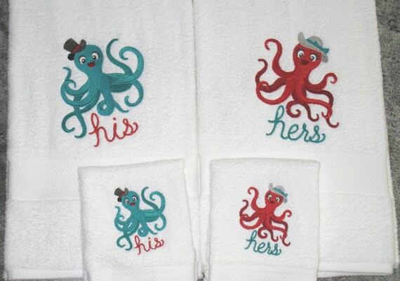 His and Hers Octopus Bath Towels Sea Creature Towels Fun Ocean Decor Towel Set for Wedding Anniversary Couples Beach House Seaside Etsy